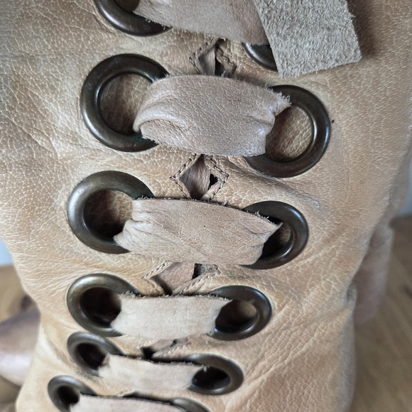 VTG Tan Leather Side Lace Up Heeled Vintage Boots Size 8 Carson Chocolate Blue - Picture 12 of 16